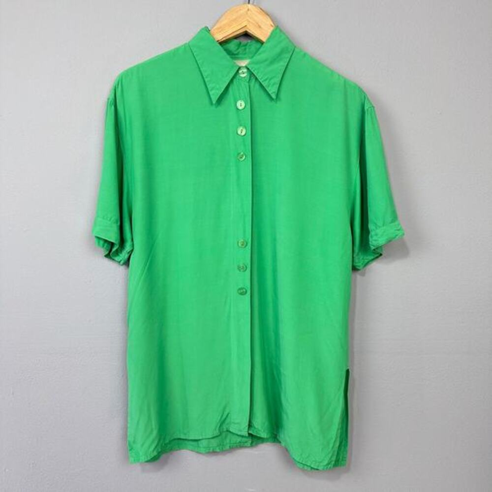 Ebba Jensen Tunic Blouse Top Size S Green Button Twee‎ Retro Dressy Minimalist